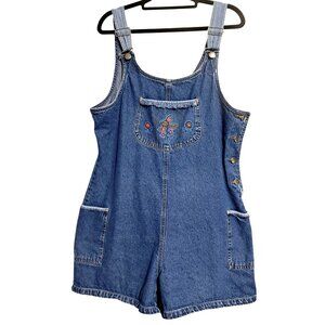 Vtg Basic Editions Denim Shortalls Overalls Womens Medium Blue 100% Cotton Flora